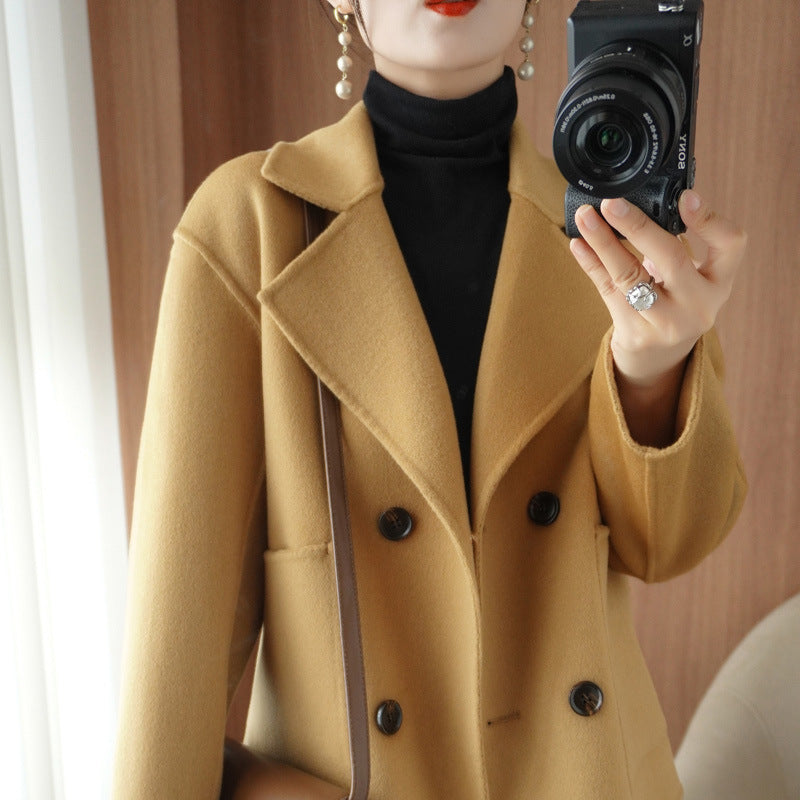 Double-faced cashmere coat for women short double-breasted suit collar 100% pure wool coat