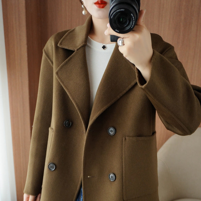 Double-faced cashmere coat for women short double-breasted suit collar 100% pure wool coat