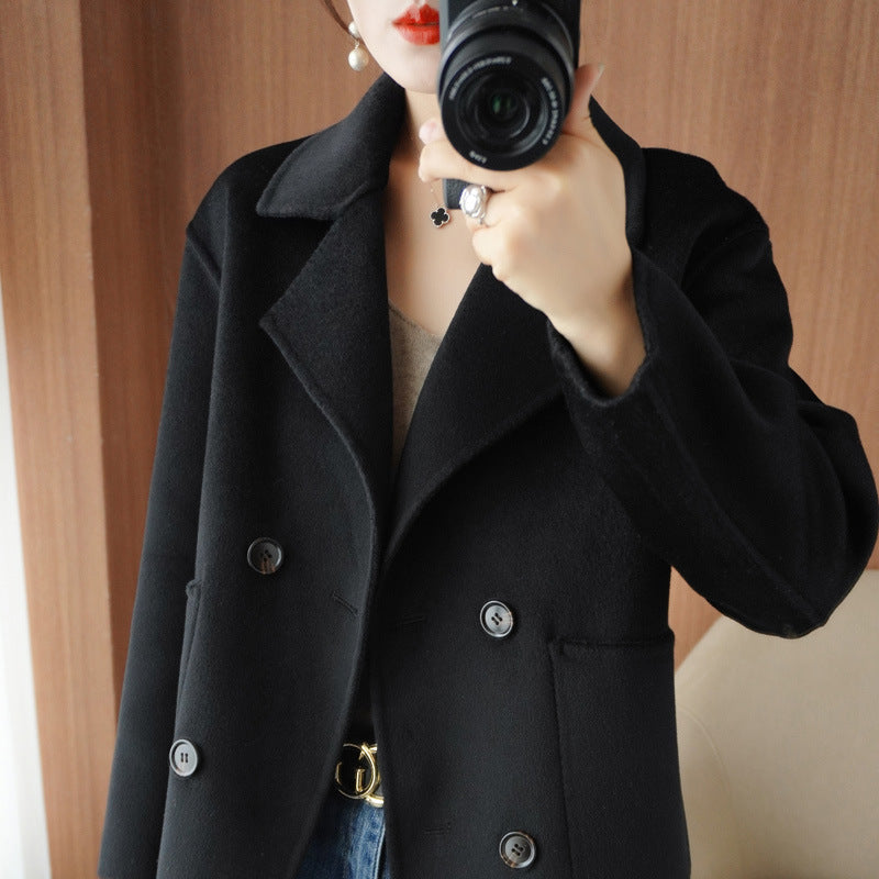 Double-faced cashmere coat for women short double-breasted suit collar 100% pure wool coat