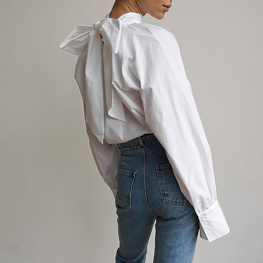 Women's French high collar bow shirt