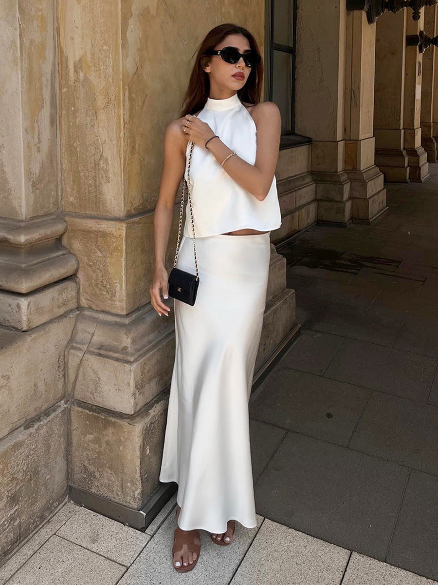 New Imitation Acetate Satin White Sleeveless Halter Neck Vest Fishtail Skirt Set