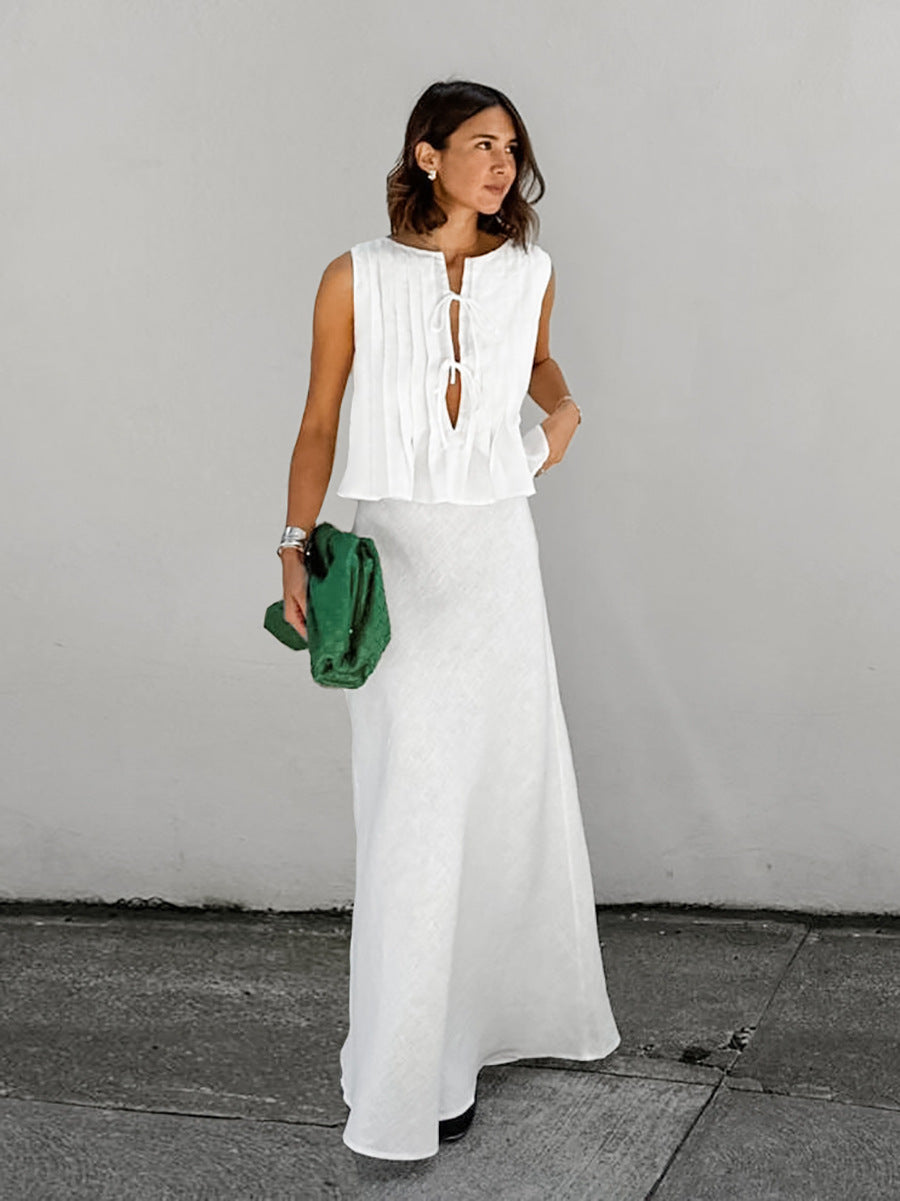Versatile White Cotton Sexy V-Neck Sleeveless Vest Slit Skirt Two-Piece Set