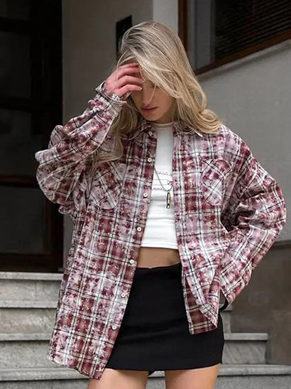 Polyester Cotton Lapel Loose Long Sleeve Casual Plaid Shirt