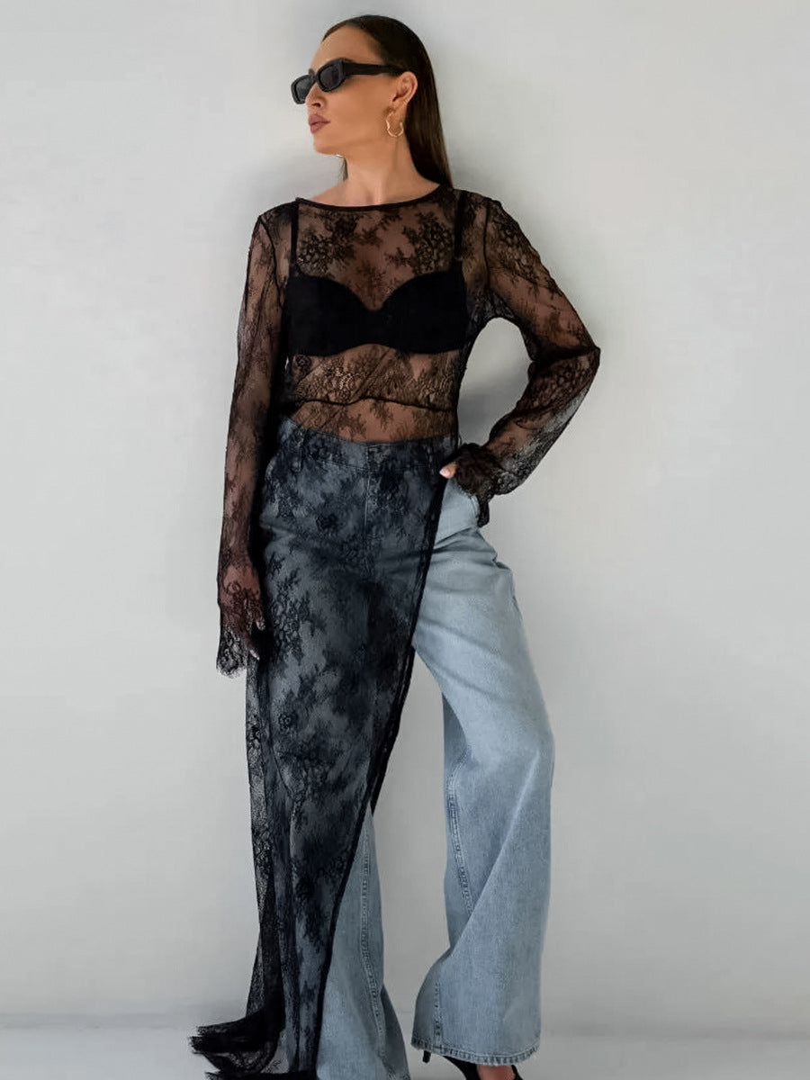 Sexy black see-through slit asymmetric dress