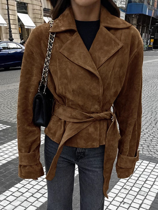 French suede suit collar casual double-breasted jacket