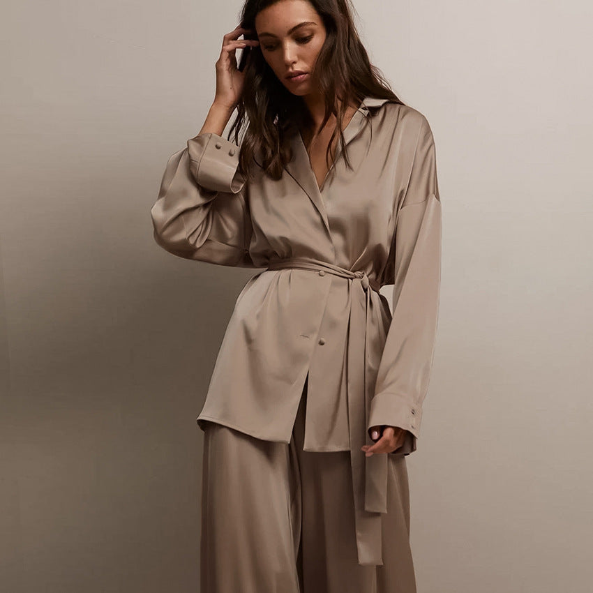 Solid color women's home wear satin pajamas set