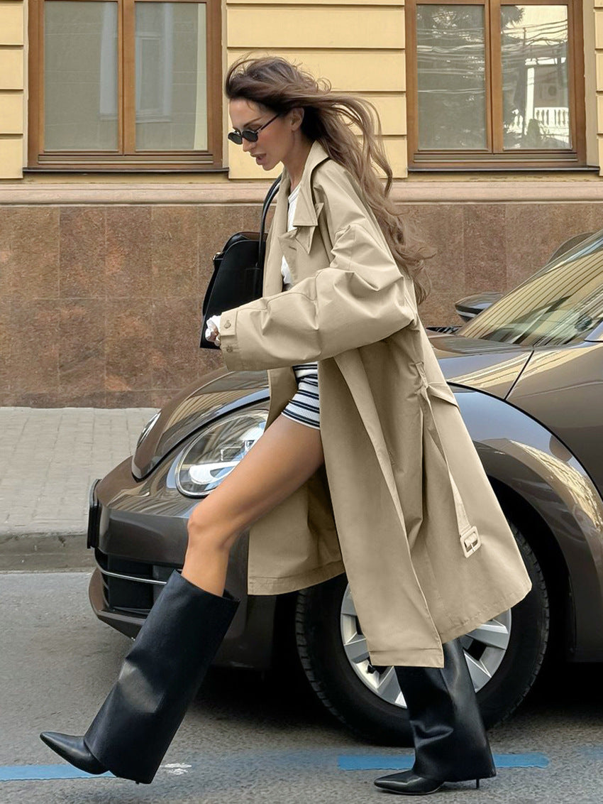 New autumn and winter temperament loose lapel single-breasted long trench coat