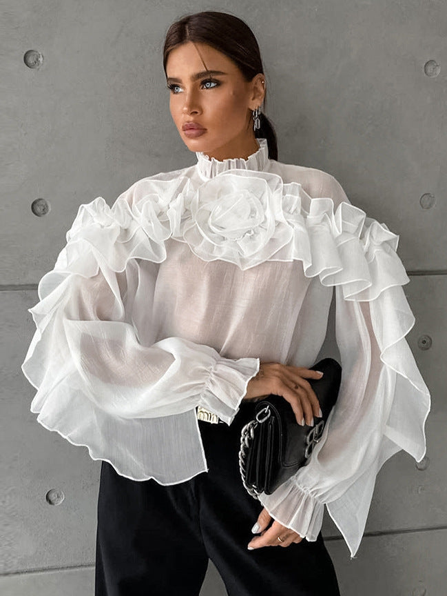 French style mesh small stand-up collar pullover layered ruffled shirt