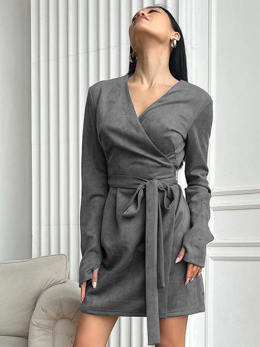 Maillard suede new long-sleeved lace-up dress