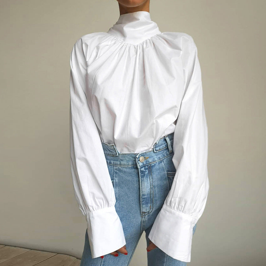 Women's French high collar bow shirt