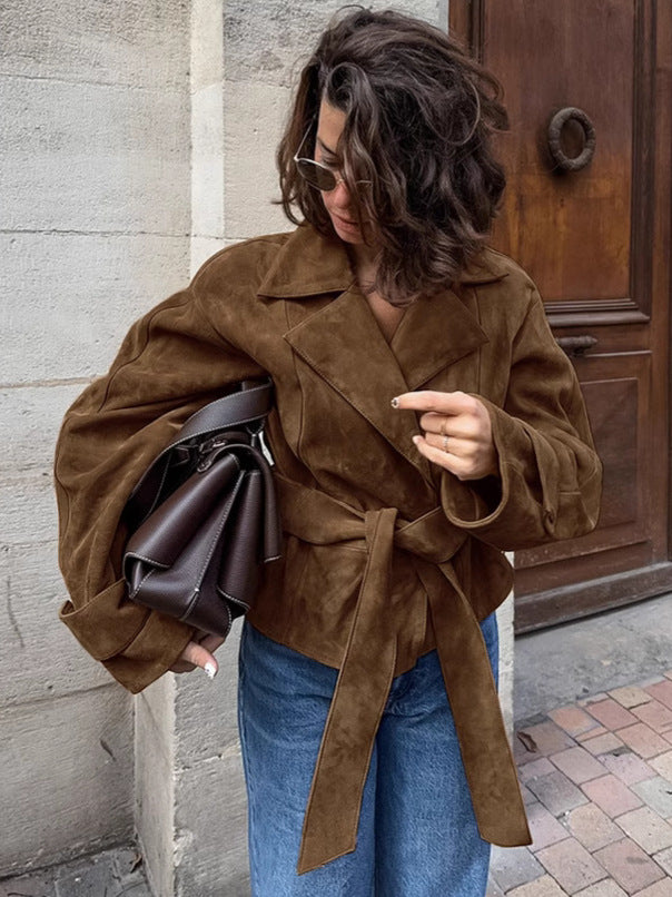 French suede suit collar casual double-breasted jacket