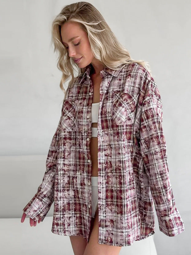 Polyester Cotton Lapel Loose Long Sleeve Casual Plaid Shirt