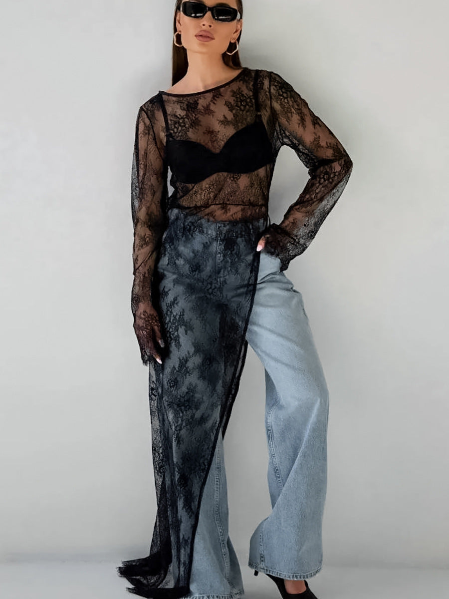 Sexy black see-through slit asymmetric dress