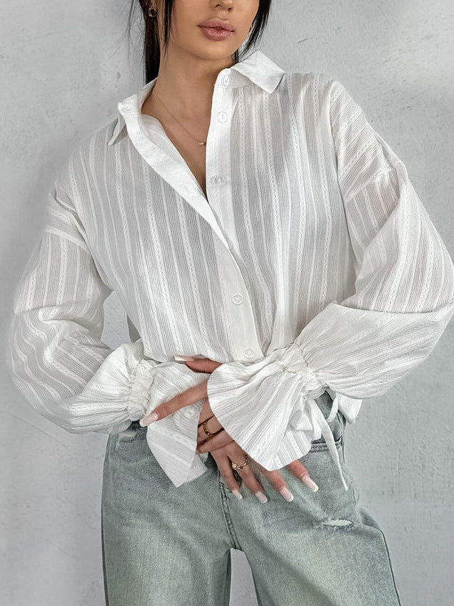 French Raglan Jacquard Trumpet Sleeve Lapel Tie Blouse