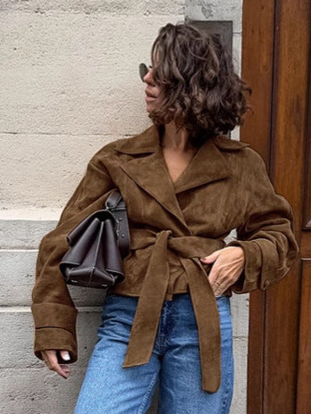 French suede suit collar casual double-breasted jacket