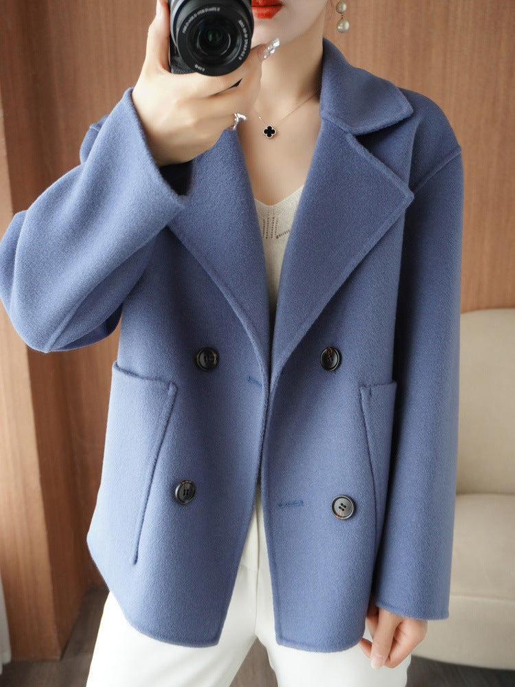 Double-faced cashmere coat for women short double-breasted suit collar 100% pure wool coat