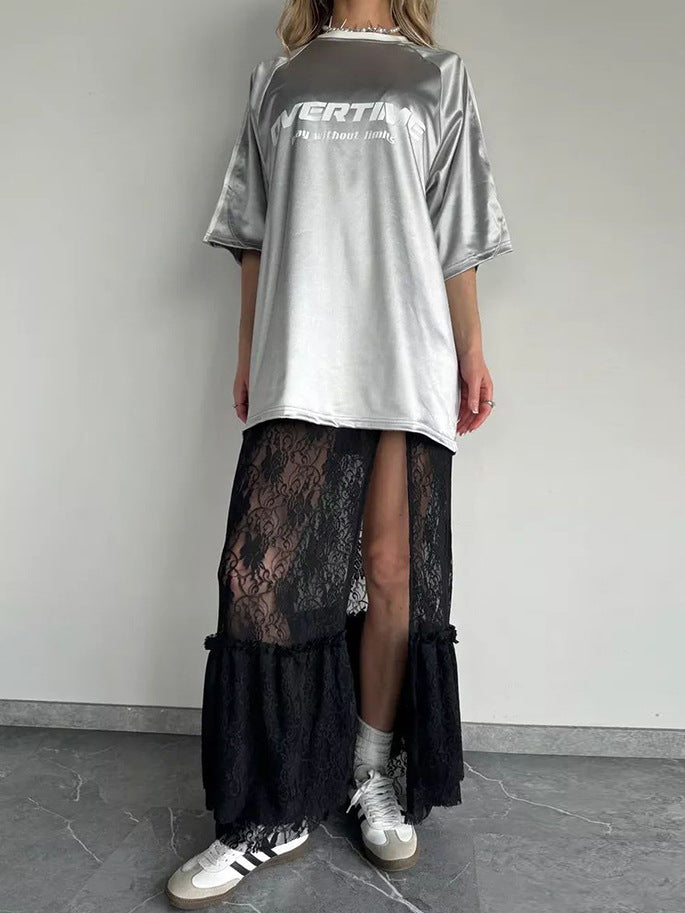 European and American sexy black lace suspender long dress