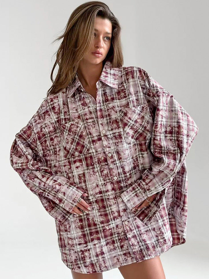 Polyester Cotton Lapel Loose Long Sleeve Casual Plaid Shirt