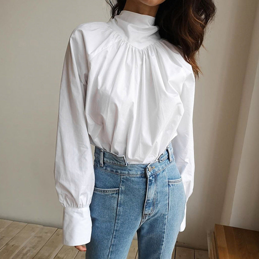 Women's French high collar bow shirt