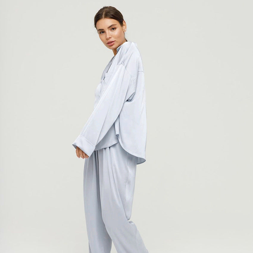 Satin home wear solid color trousers pajamas two-piece set