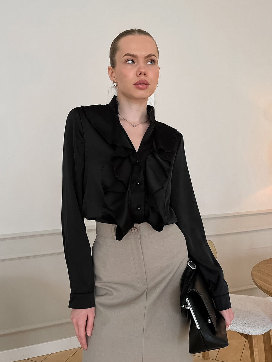 Fashionable and elegant satin long-sleeved small stand-up collar classic shirt