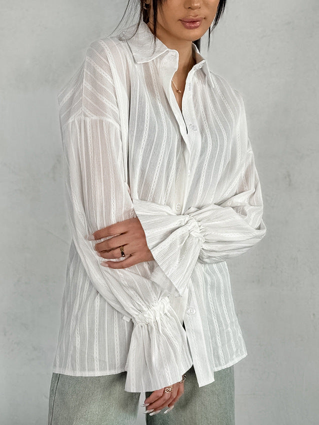 French Raglan Jacquard Trumpet Sleeve Lapel Tie Blouse