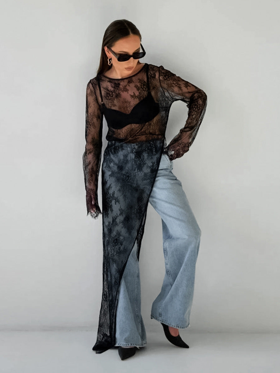 Sexy black see-through slit asymmetric dress