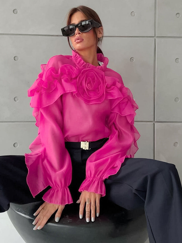 French style mesh small stand-up collar pullover layered ruffled shirt