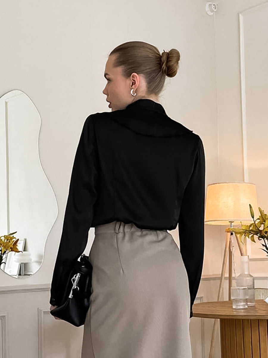 Fashionable and elegant satin long-sleeved small stand-up collar classic shirt