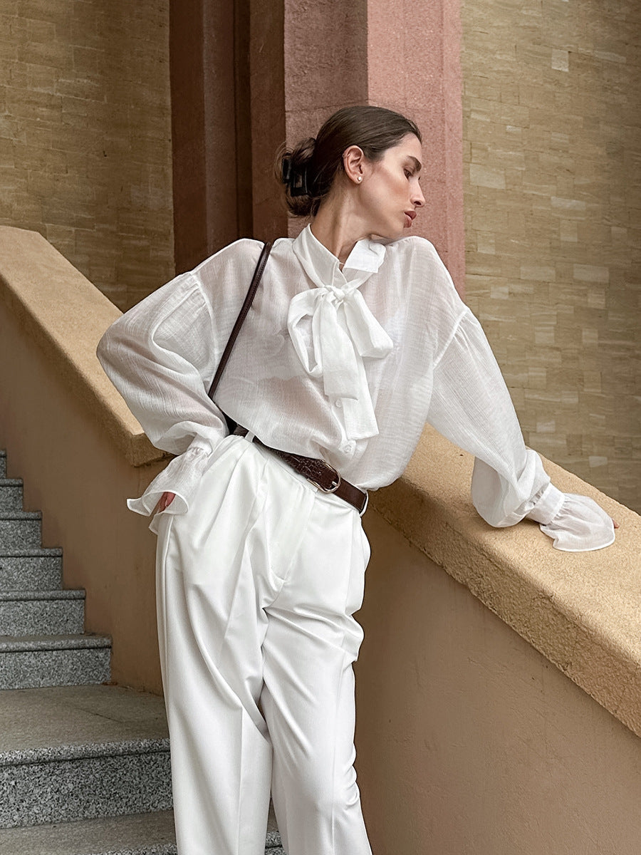 Spring and summer white shirt bow shirt top