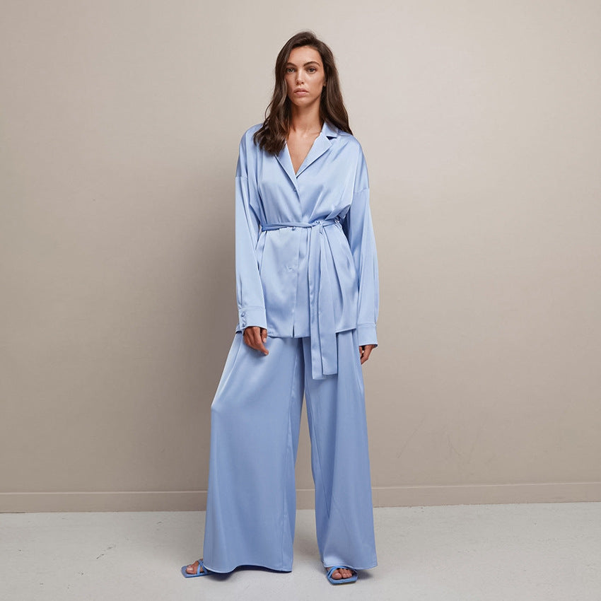 Solid color women's home wear satin pajamas set