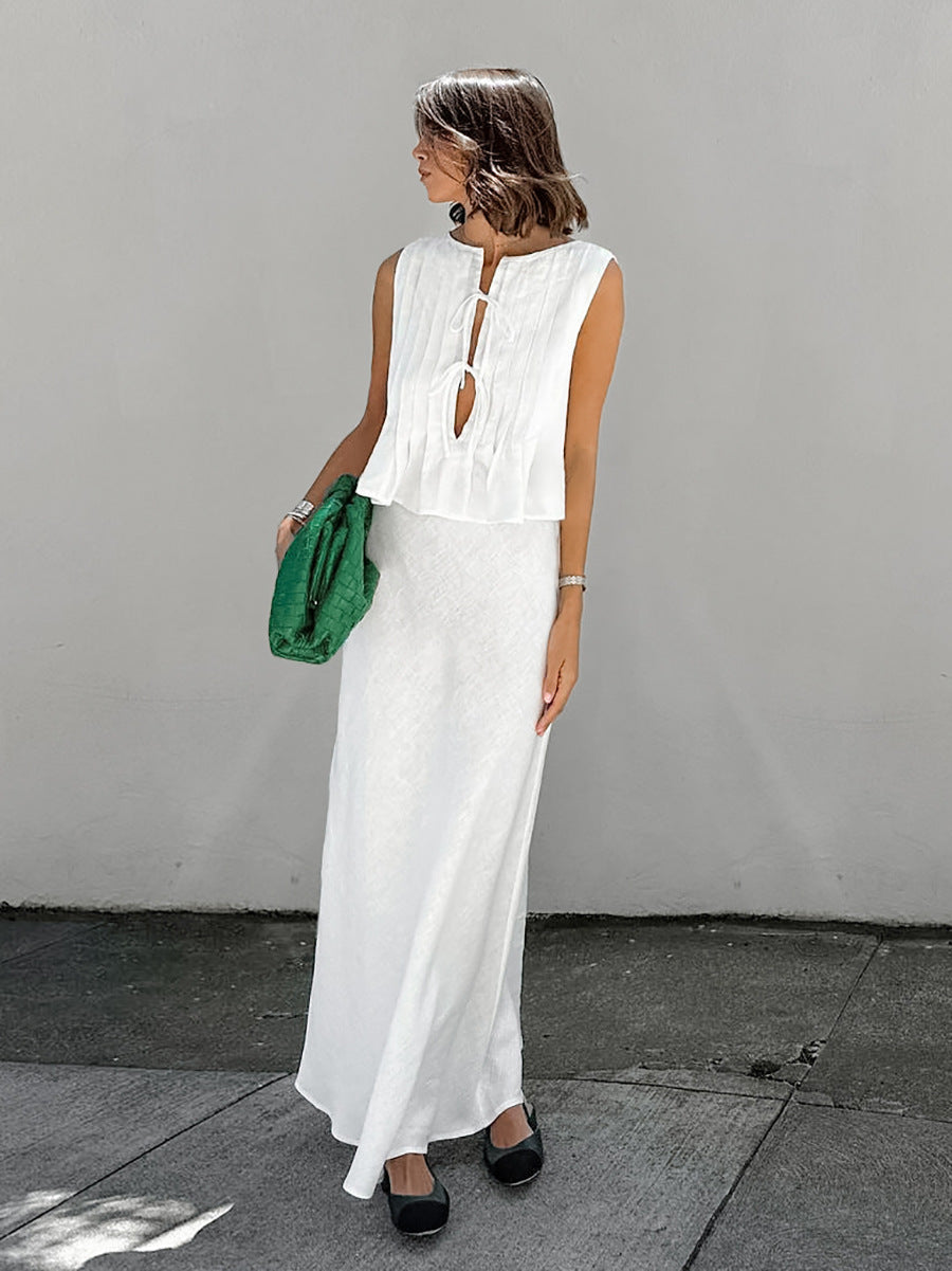 Versatile White Cotton Sexy V-Neck Sleeveless Vest Slit Skirt Two-Piece Set