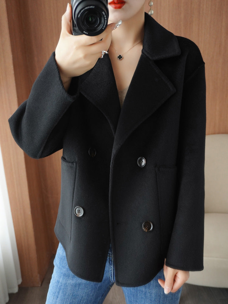 Double-faced cashmere coat for women short double-breasted suit collar 100% pure wool coat