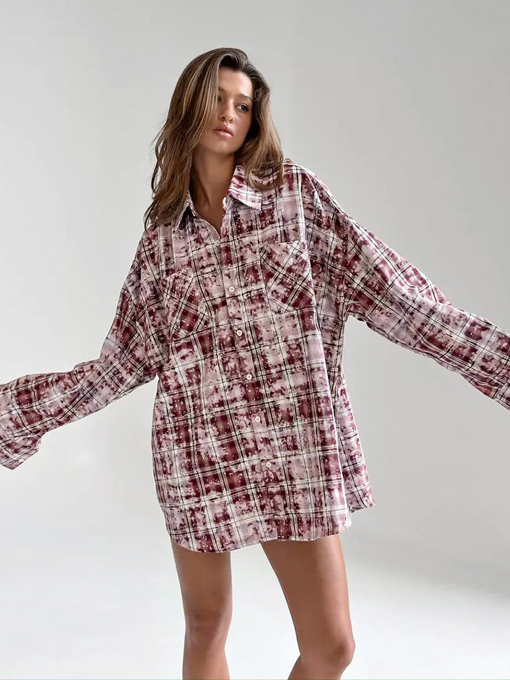 Polyester Cotton Lapel Loose Long Sleeve Casual Plaid Shirt