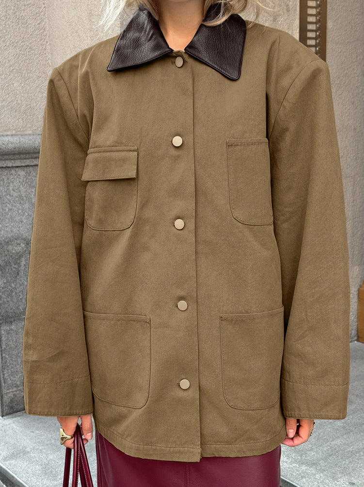 Autumn and winter new brown leather patchwork collar jacket