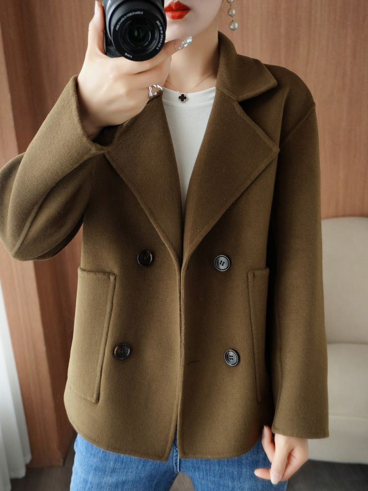Double-faced cashmere coat for women short double-breasted suit collar 100% pure wool coat