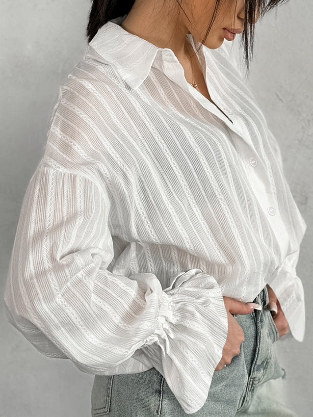 French Raglan Jacquard Trumpet Sleeve Lapel Tie Blouse