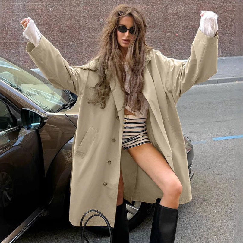 New autumn and winter temperament loose lapel single-breasted long trench coat
