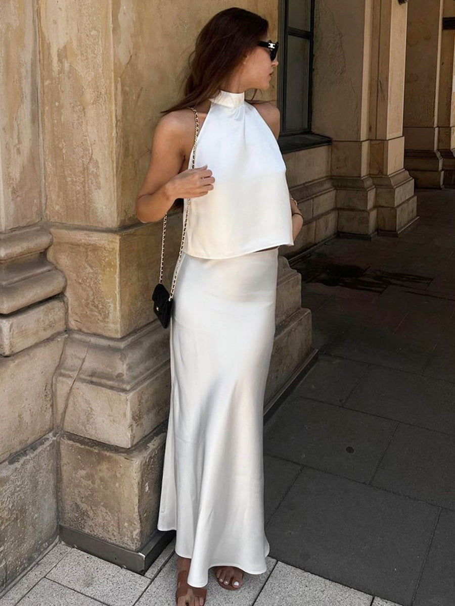 New Imitation Acetate Satin White Sleeveless Halter Neck Vest Fishtail Skirt Set