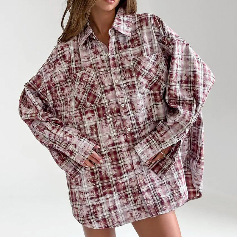 Polyester Cotton Lapel Loose Long Sleeve Casual Plaid Shirt