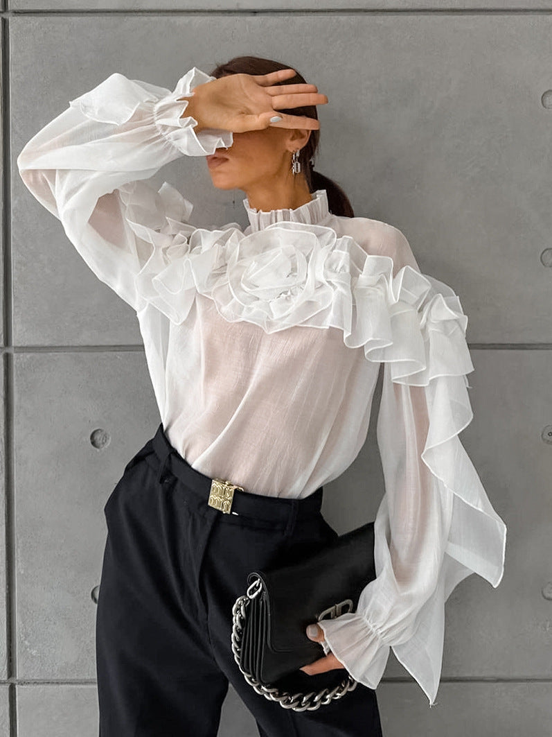 French style mesh small stand-up collar pullover layered ruffled shirt