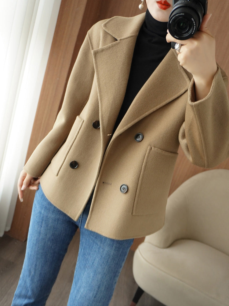 Double-faced cashmere coat for women short double-breasted suit collar 100% pure wool coat