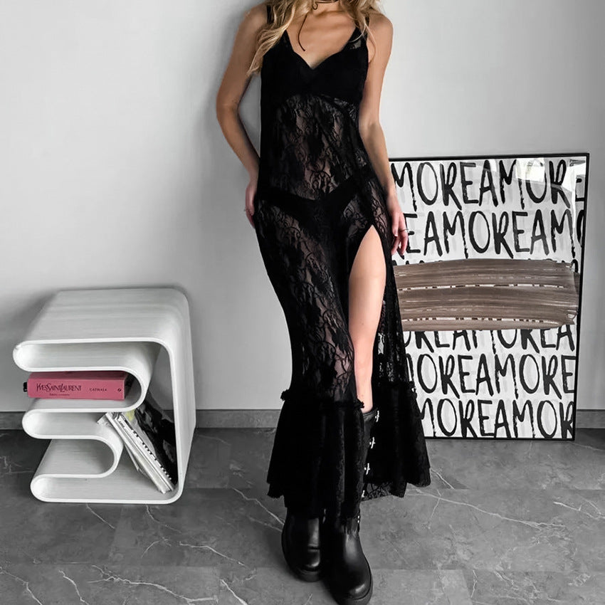 European and American sexy black lace suspender long dress