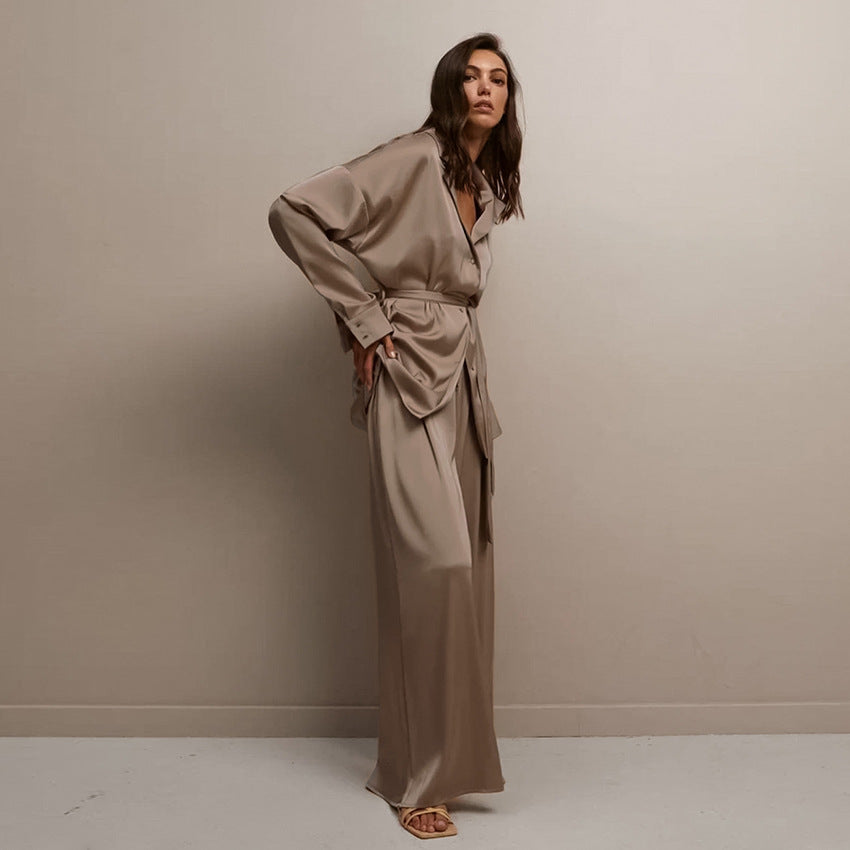 Solid color women's home wear satin pajamas set