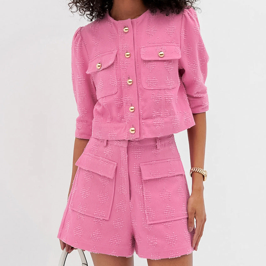 French light luxury embossed jacquard pure cotton puff sleeve leisure suit