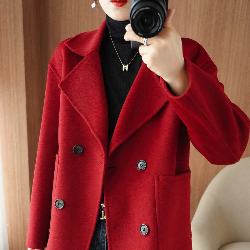 Double-faced cashmere coat for women short double-breasted suit collar 100% pure wool coat