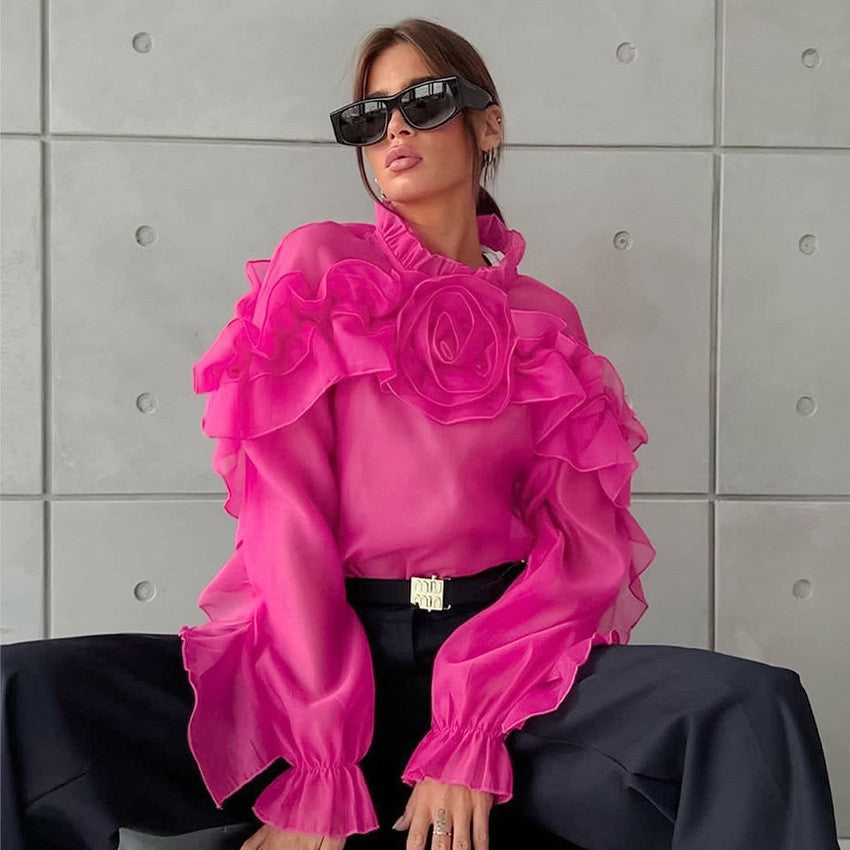 French style mesh small stand-up collar pullover layered ruffled shirt