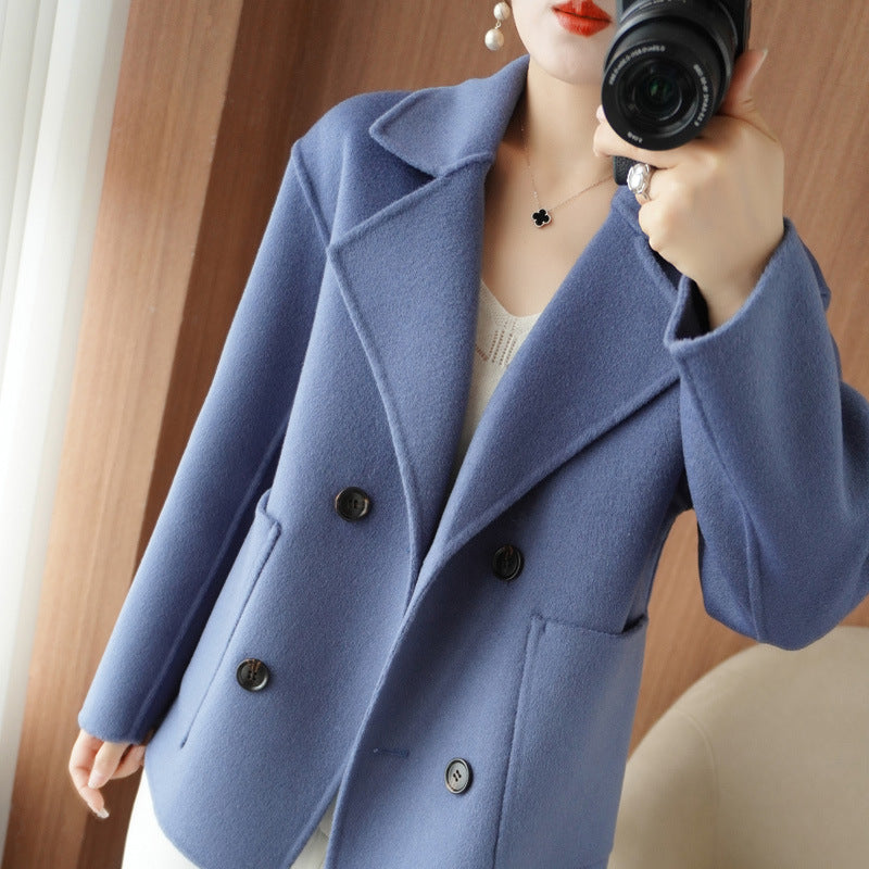 Double-faced cashmere coat for women short double-breasted suit collar 100% pure wool coat