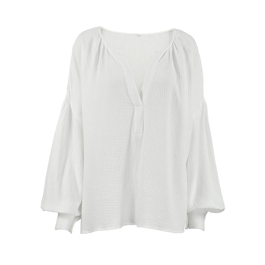 French balloon sleeve loose casual cotton crepe shirt