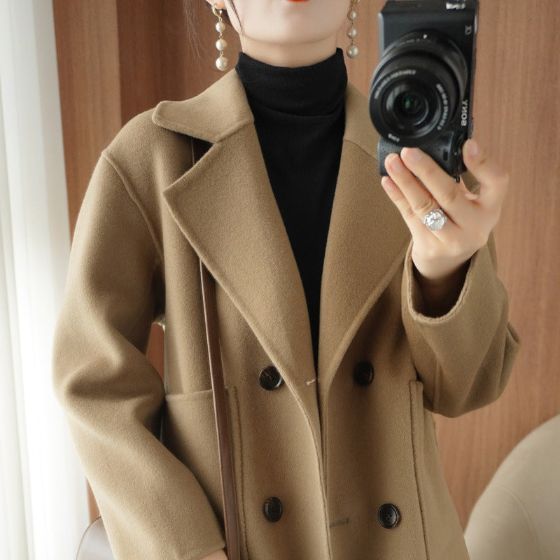 Double-faced cashmere coat for women short double-breasted suit collar 100% pure wool coat